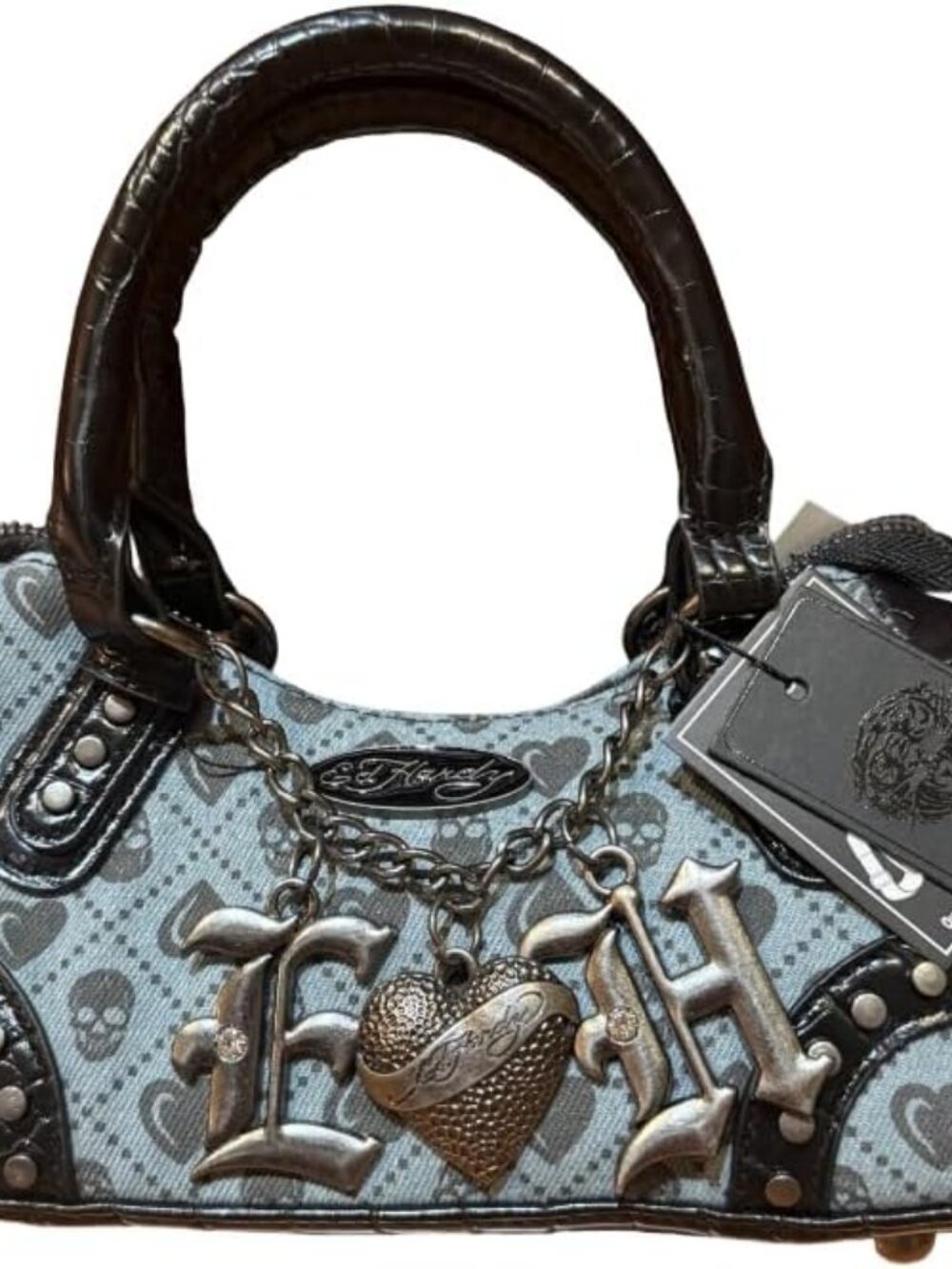 Ed Hardy Denim Canvas Mini Satchel Crossbody Bag Skull Heart Y2K